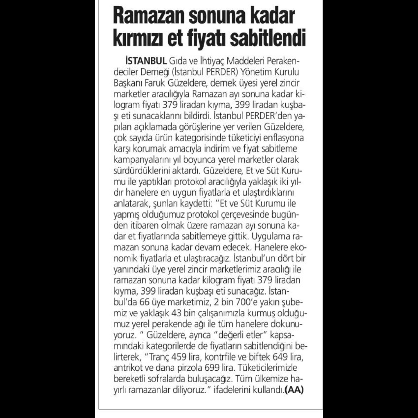 Ramazan’da Et Fiyatlarına Sabitleme: İstanbul PERDER'den Uygun Fiyatlı Et Desteği