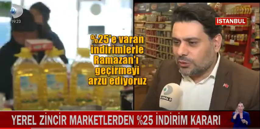 Başkanımız Faruk Güzeldere Kanal D Röportajında "İndirim ve Fiyat Sabitleme Kampanyalarımız Tüm Üye Marketlerimizde Uygulanıyor." dedi.