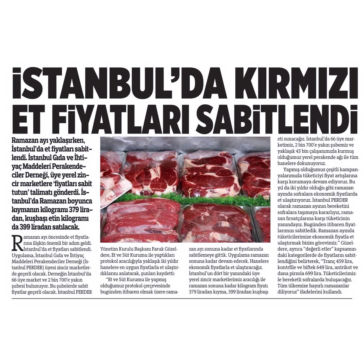İstanbul PERDER üyelerinde kırmızı et fiyatları sabitlendi