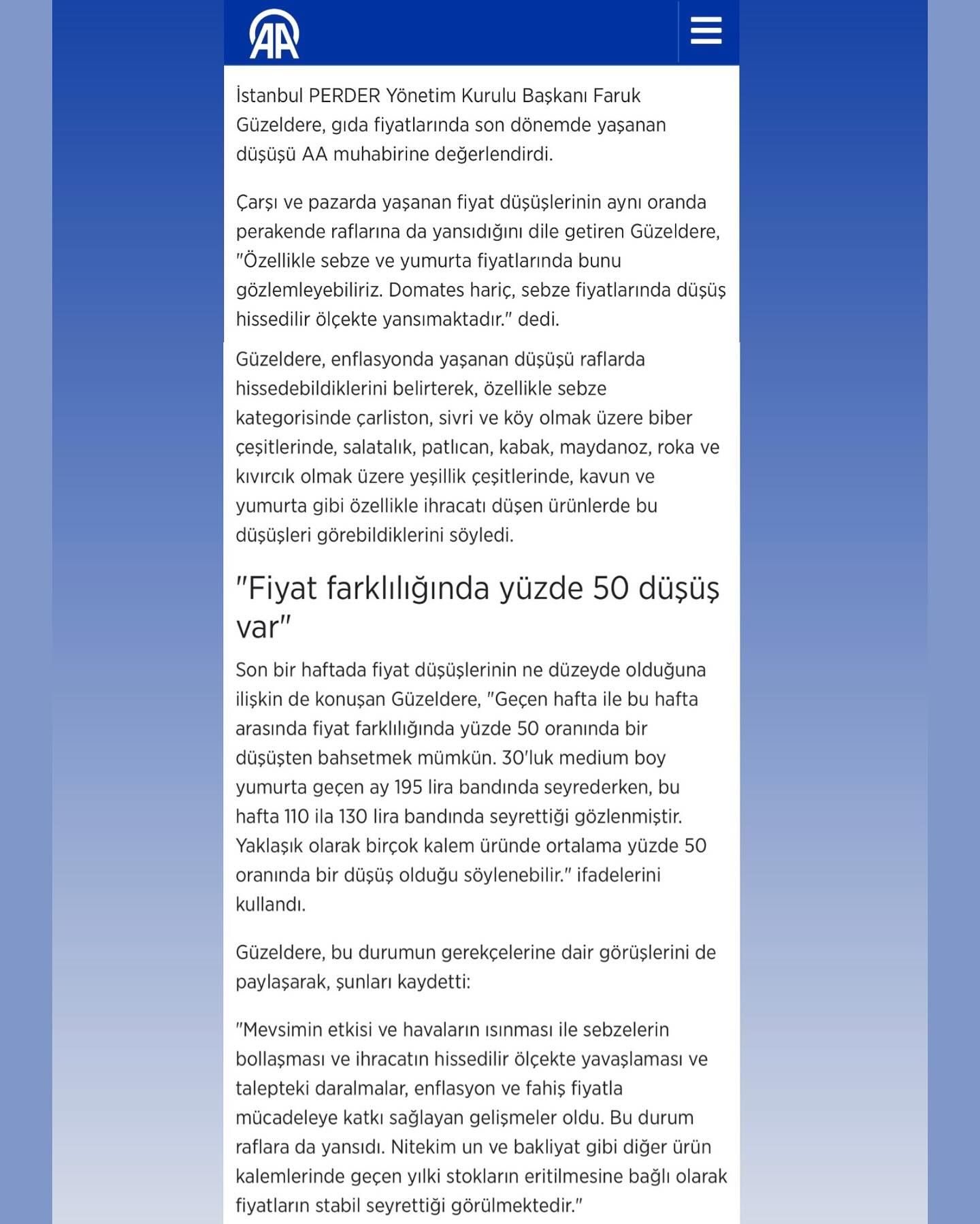 Başkanımız Faruk Güzeldere: “Sebze ve Yumurta Fiyatlarındaki Düşüş Raflara Yansıdı”